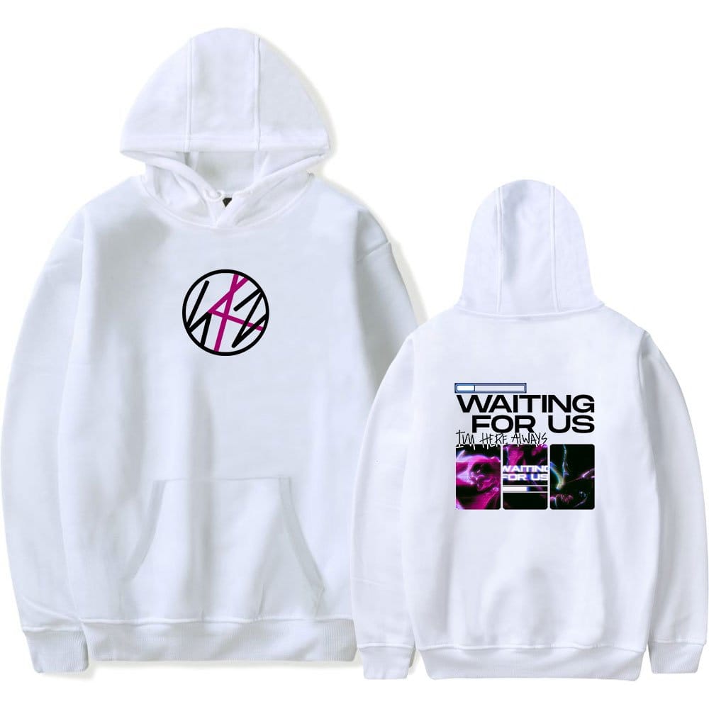 Kpop merch hoodie with colorful graphic design and "Waiting For Us" text on the back.