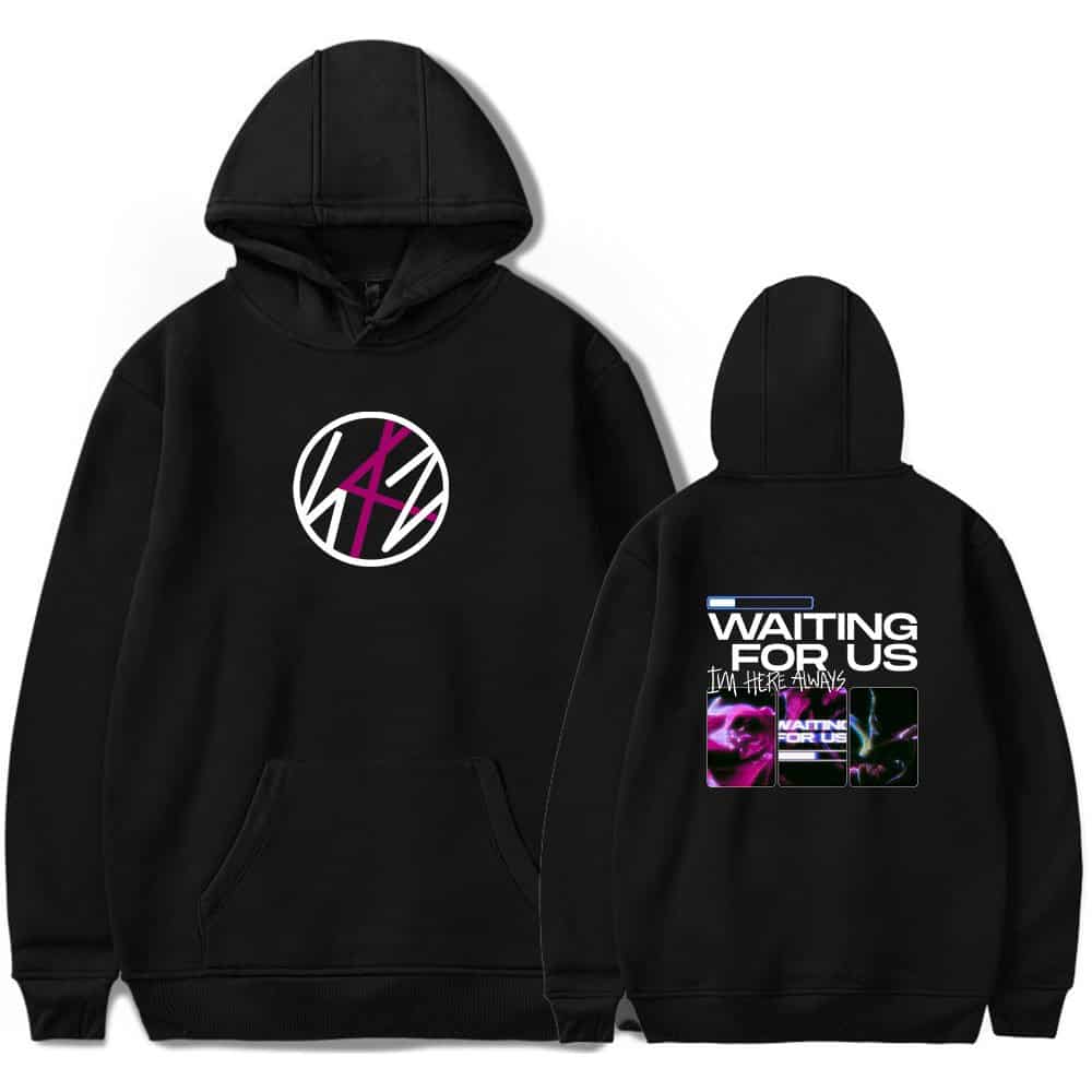 Black hoodie with K-pop merchandise design featuring BTS artwork and "Waiting for Us" text.